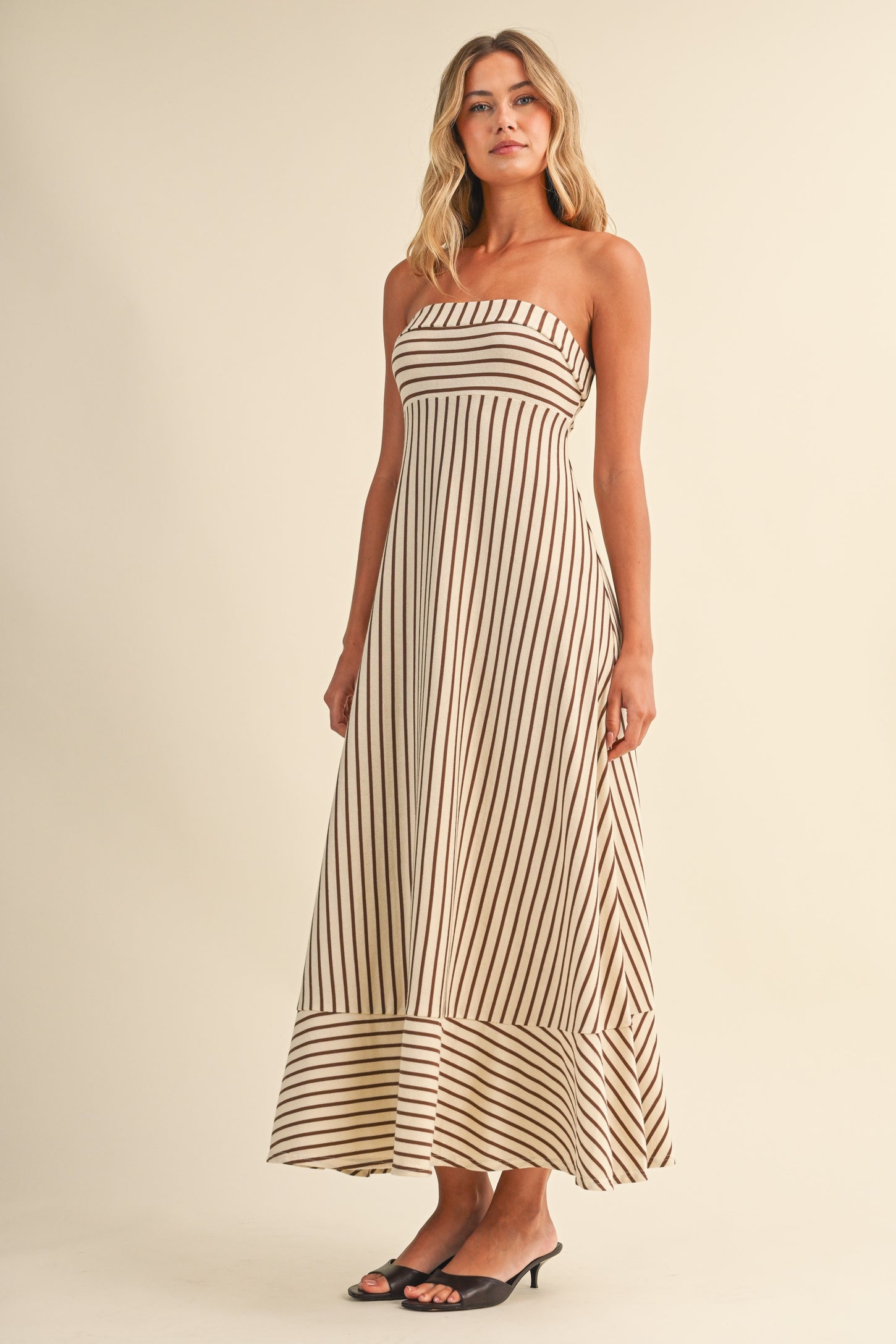 Cream Brown Striped Strapless A-Line Maxi Dress