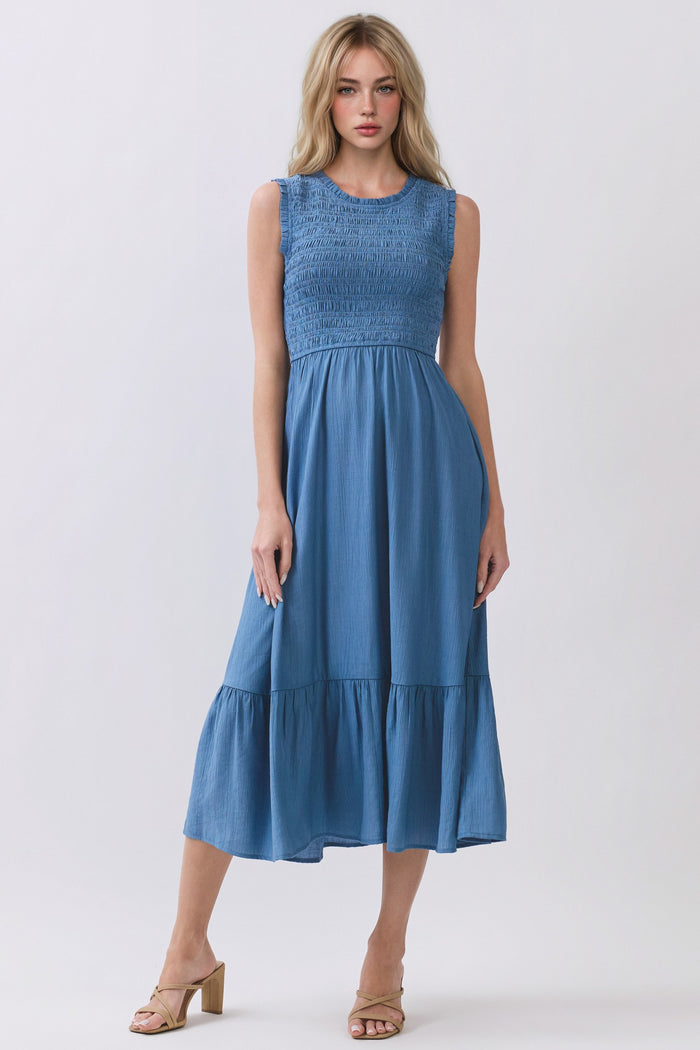 Denim Smocked And Tiered Maternity Maxi Dress