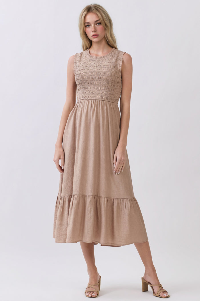 Beige Smocked And Tiered Maternity Maxi Dress