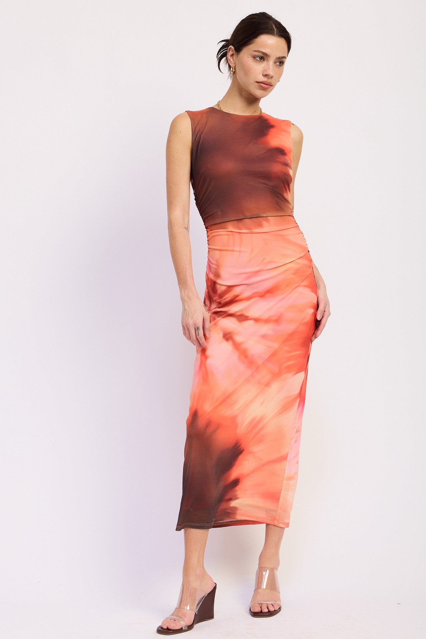 Coral Multi Tie Dye Mesh Maternity Maxi Dress With Side Ruching