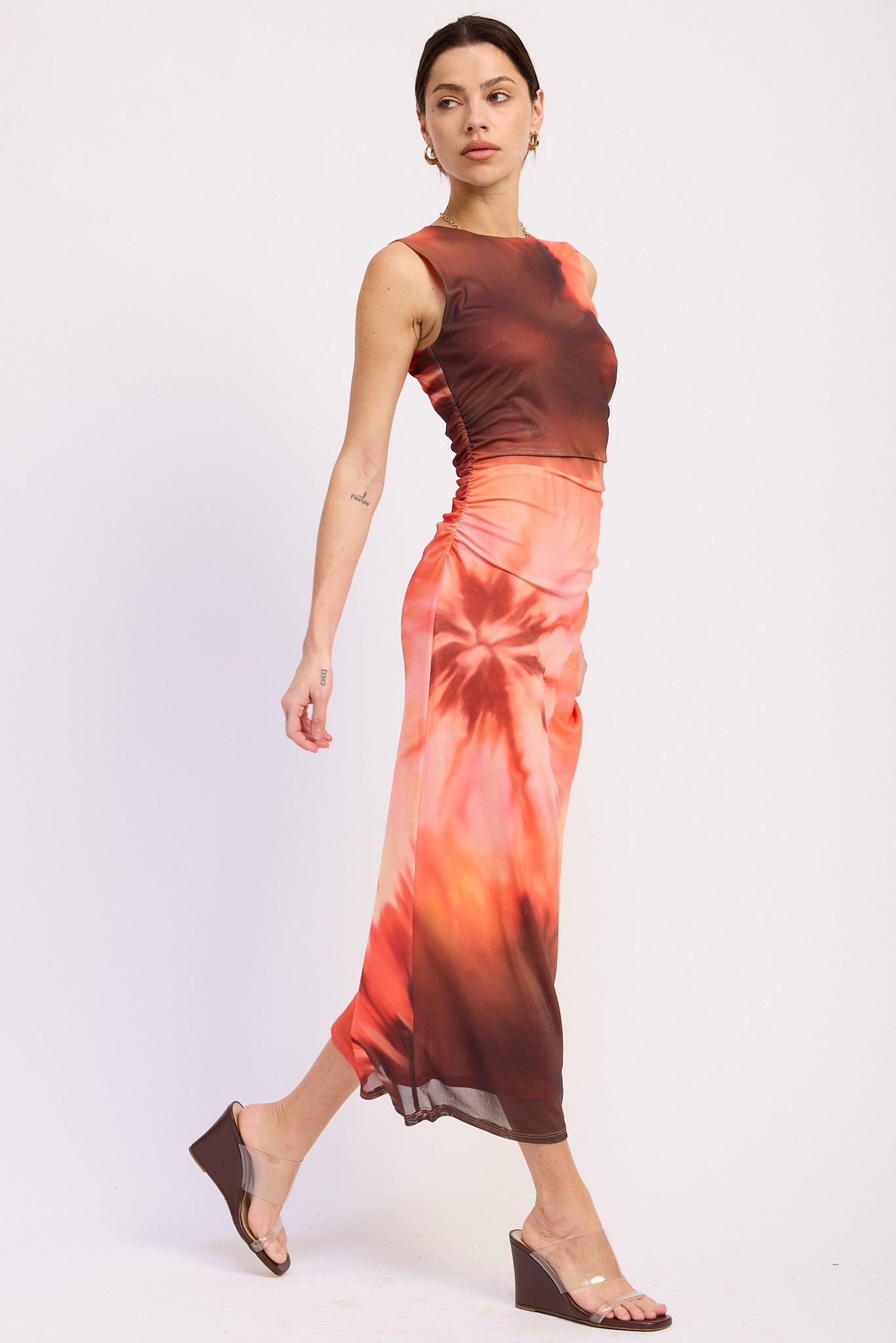 Coral Multi Tie Dye Mesh Maxi Dress With Side Ruching