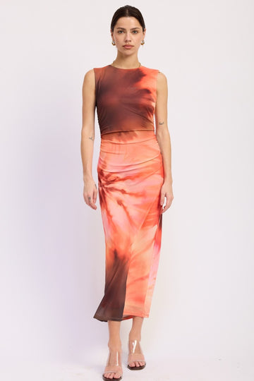 Coral Multi Tie Dye Mesh Maxi Dress With Side Ruching