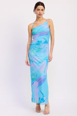 Blue  Multi One Shoulder Ruched Dress
