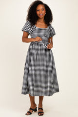 Black Gingham Lace Trim Puff Sleeve Maternity Midi Dress