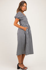 Black Gingham Lace Trim Puff Sleeve Maternity Midi Dress
