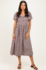 Brown Gingham Lace Trim Puff Sleeve Midi Dress