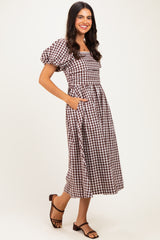 Brown Gingham Lace Trim Puff Sleeve Midi Dress