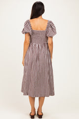 Brown Gingham Lace Trim Puff Sleeve Midi Dress