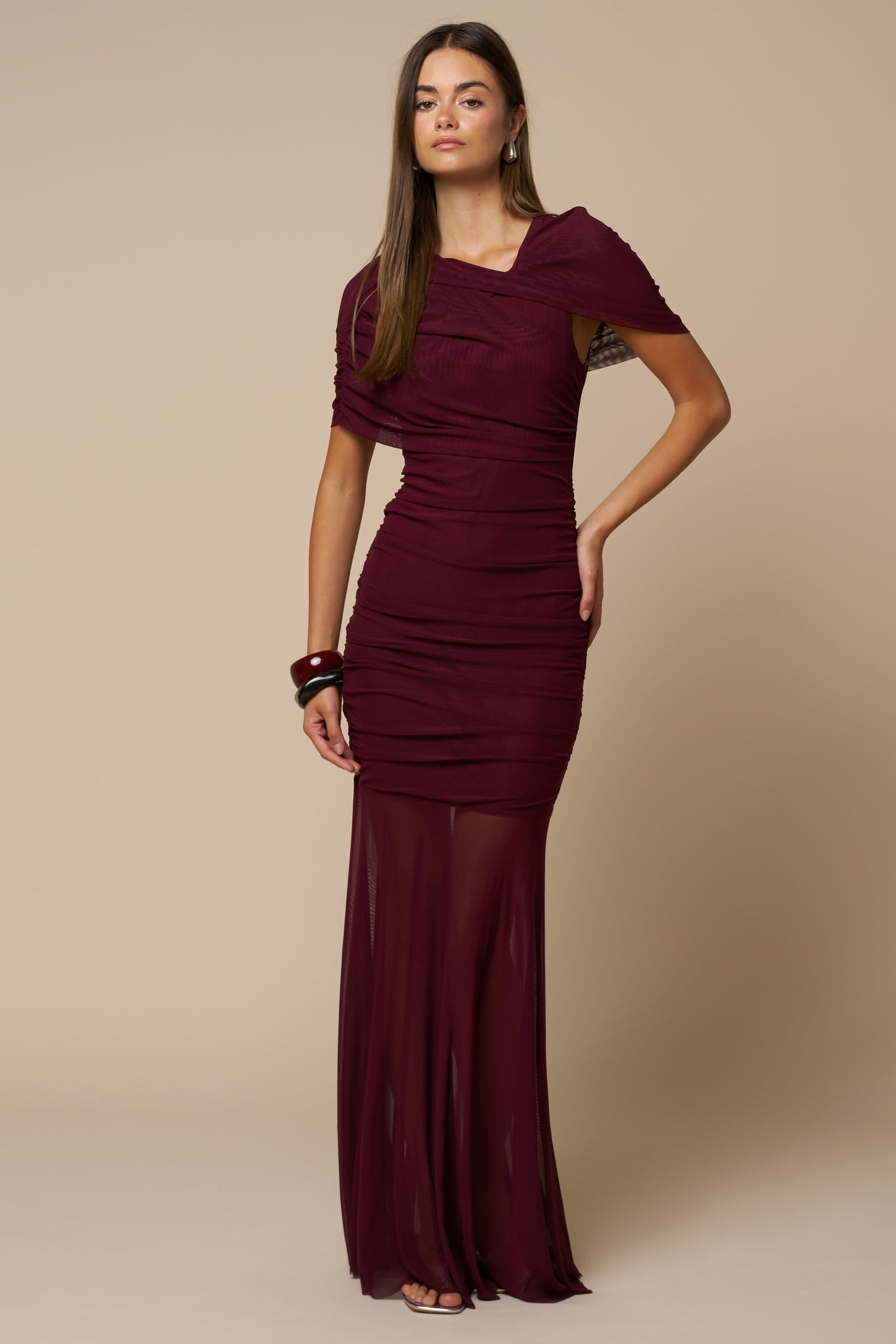 Wine Draped Bodice Ruched Mesh Maternity Maxi Dress