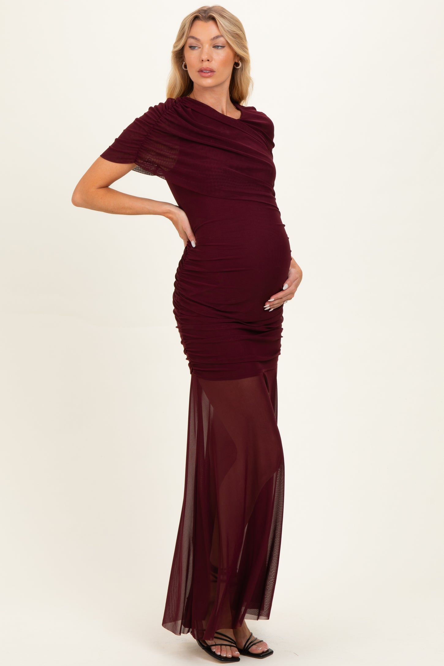 Wine Draped Bodice Ruched Mesh Maternity Maxi Dress