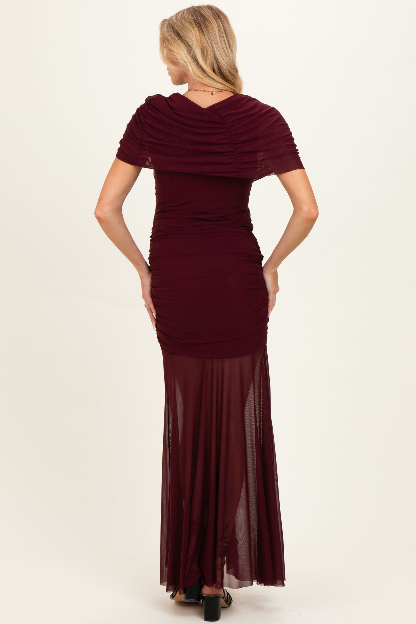 Wine Draped Bodice Ruched Mesh Maternity Maxi Dress