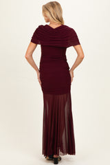 Wine Draped Bodice Ruched Mesh Maternity Maxi Dress
