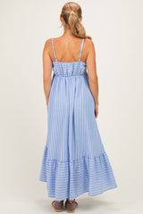 Blue/ Off White Striped Sleeveless Ruffle Hem Maxi Dress