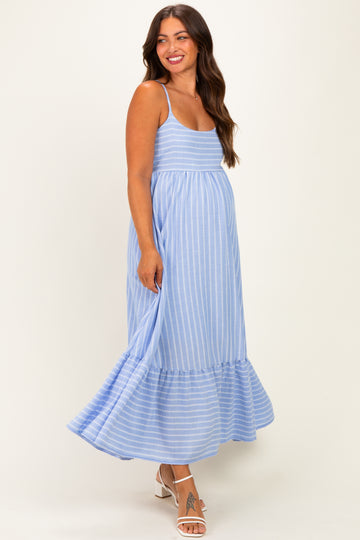 Blue/ Off White Striped Sleeveless Ruffle Hem Maternity Maxi Dress