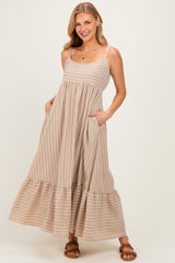 Taupe/ Off White Striped Sleeveless Ruffle Hem Maternity Maxi Dress