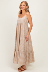 Taupe/ Off White Striped Sleeveless Ruffle Hem Maxi Dress