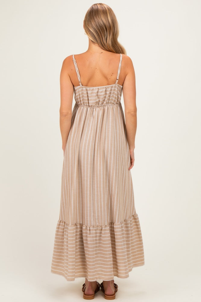 Taupe/ Off White Striped Sleeveless Ruffle Hem Maxi Dress