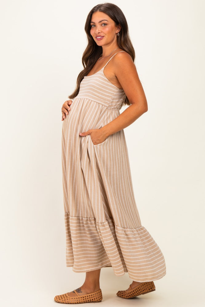 Taupe/ Off White Striped Sleeveless Ruffle Hem Maternity Maxi Dress