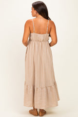 Taupe/ Off White Striped Sleeveless Ruffle Hem Maternity Maxi Dress