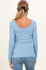 Blue Ribbed Scoop Neck Long Sleeve Maternity Top