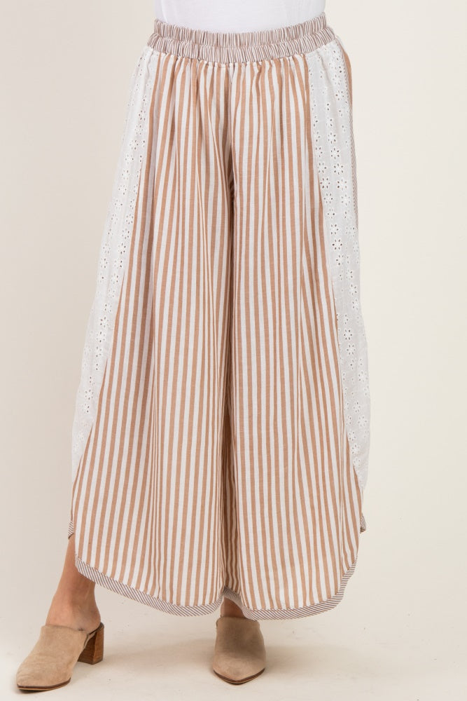 Caramel Stripe Eyelet Lace Wide Leg Pant