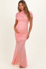 Rose Draped Bodice Ruched Mesh Maternity Maxi Dress