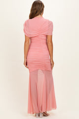 Rose Draped Bodice Ruched Mesh Maternity Maxi Dress