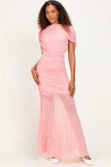 Rose Draped Bodice Ruched Mesh Maternity Maxi Dress