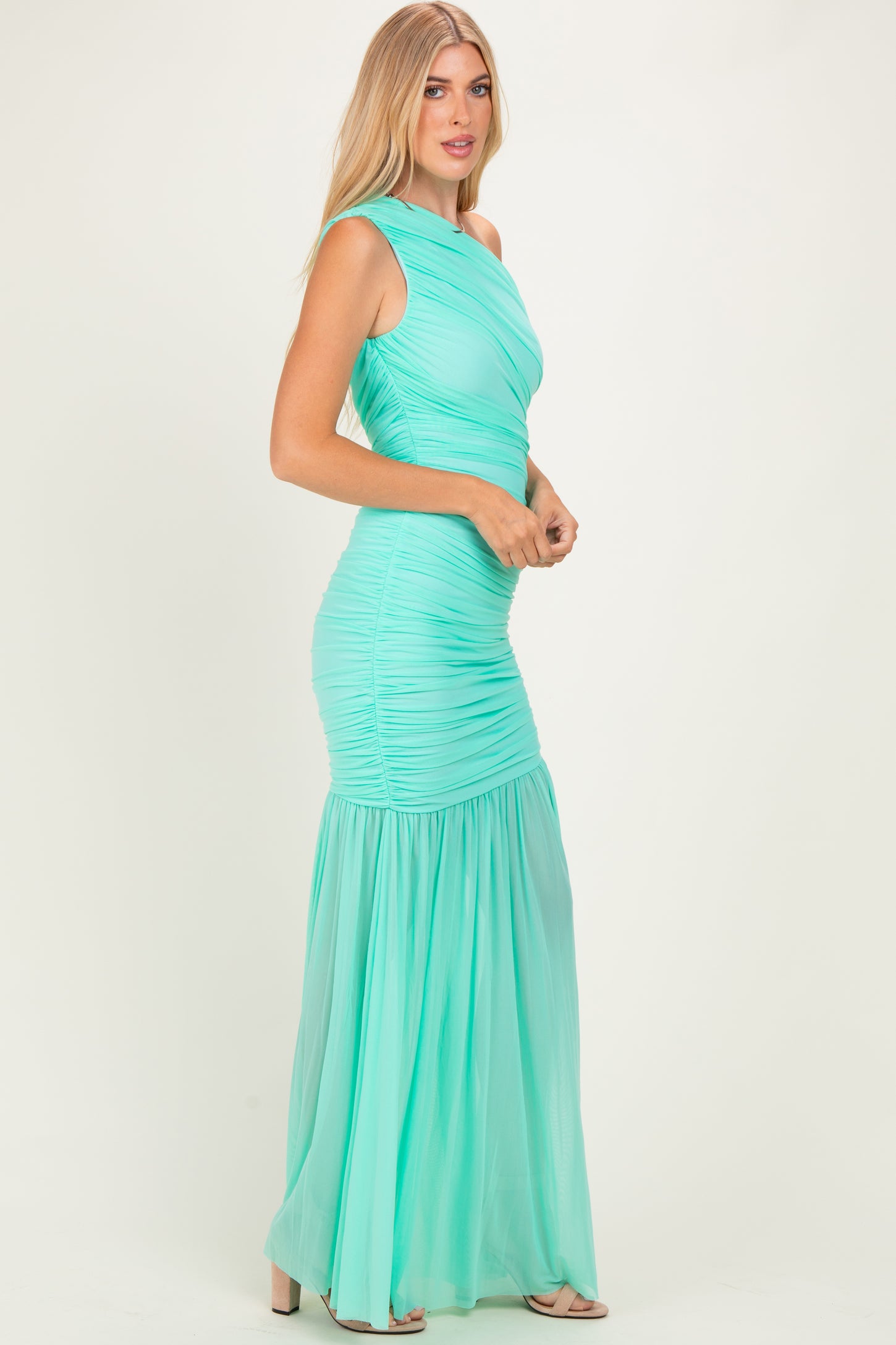 Jelly Mint Ruched Mesh One Shoulder Maxi Dress