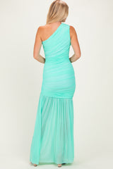 Jelly Mint Ruched Mesh One Shoulder Maxi Dress