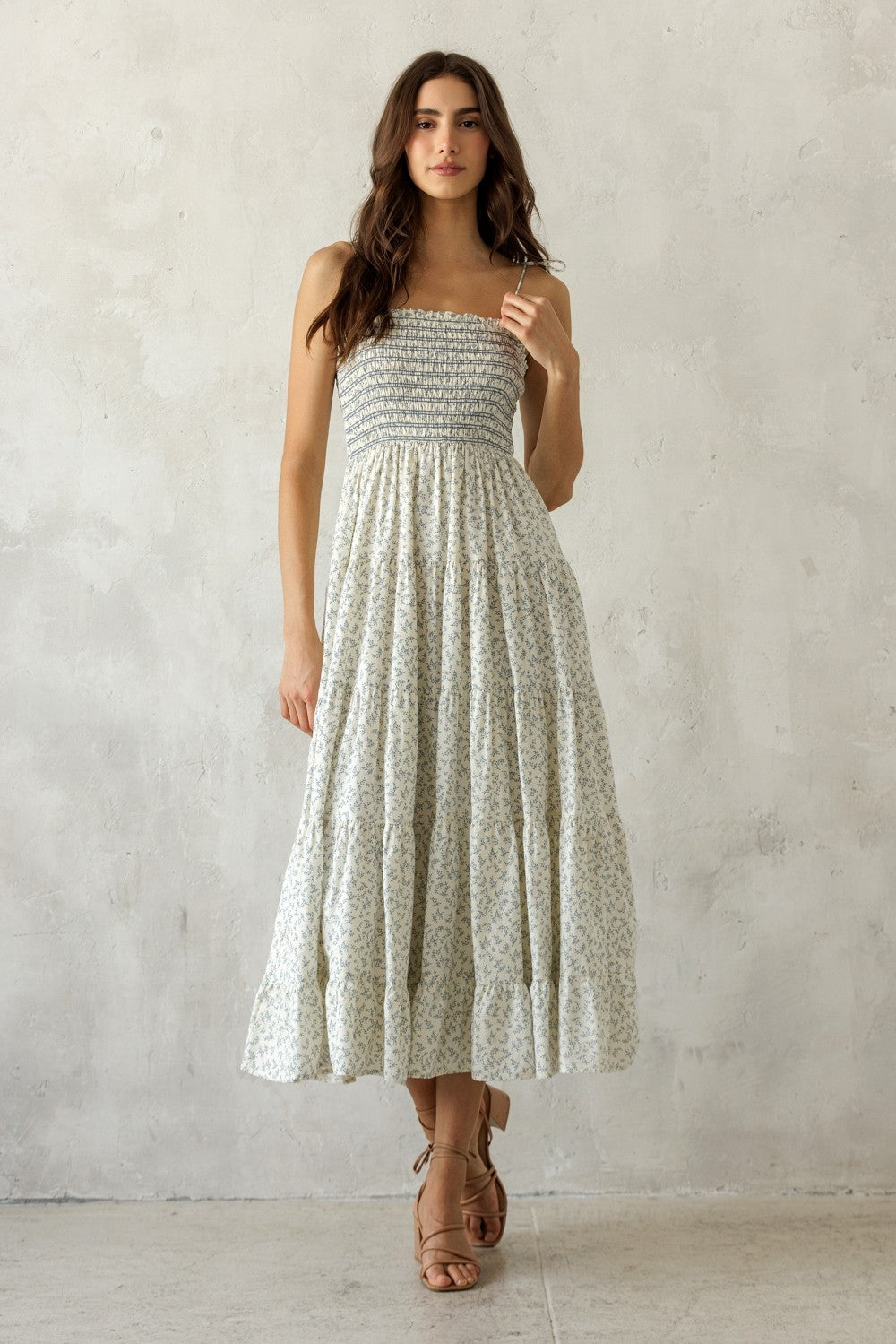 Cream Blue Floral Smocked Tiered Midi Dress