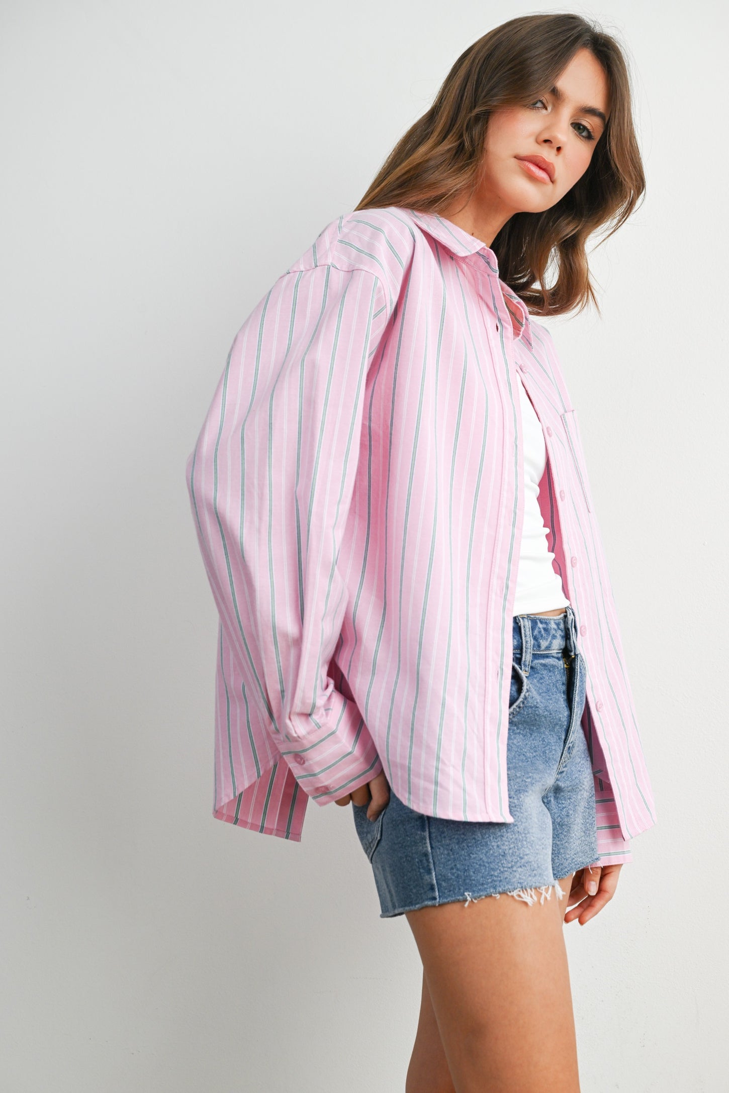 Pink Striped Long Sleeve Button Down Shirt