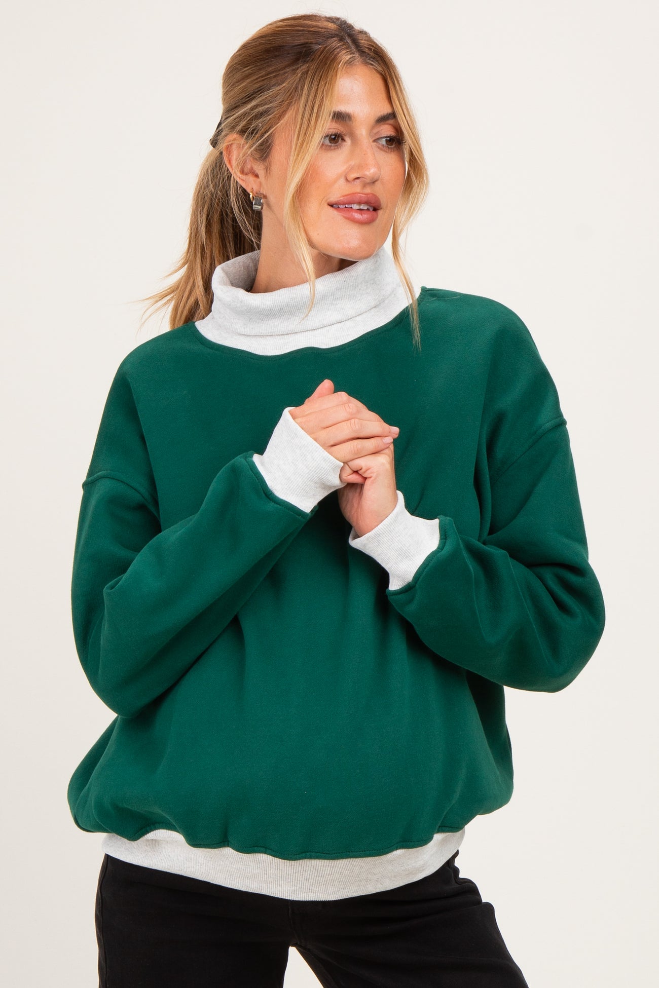 Green Colorblock Cowl Neck Maternity Sweatshirt
