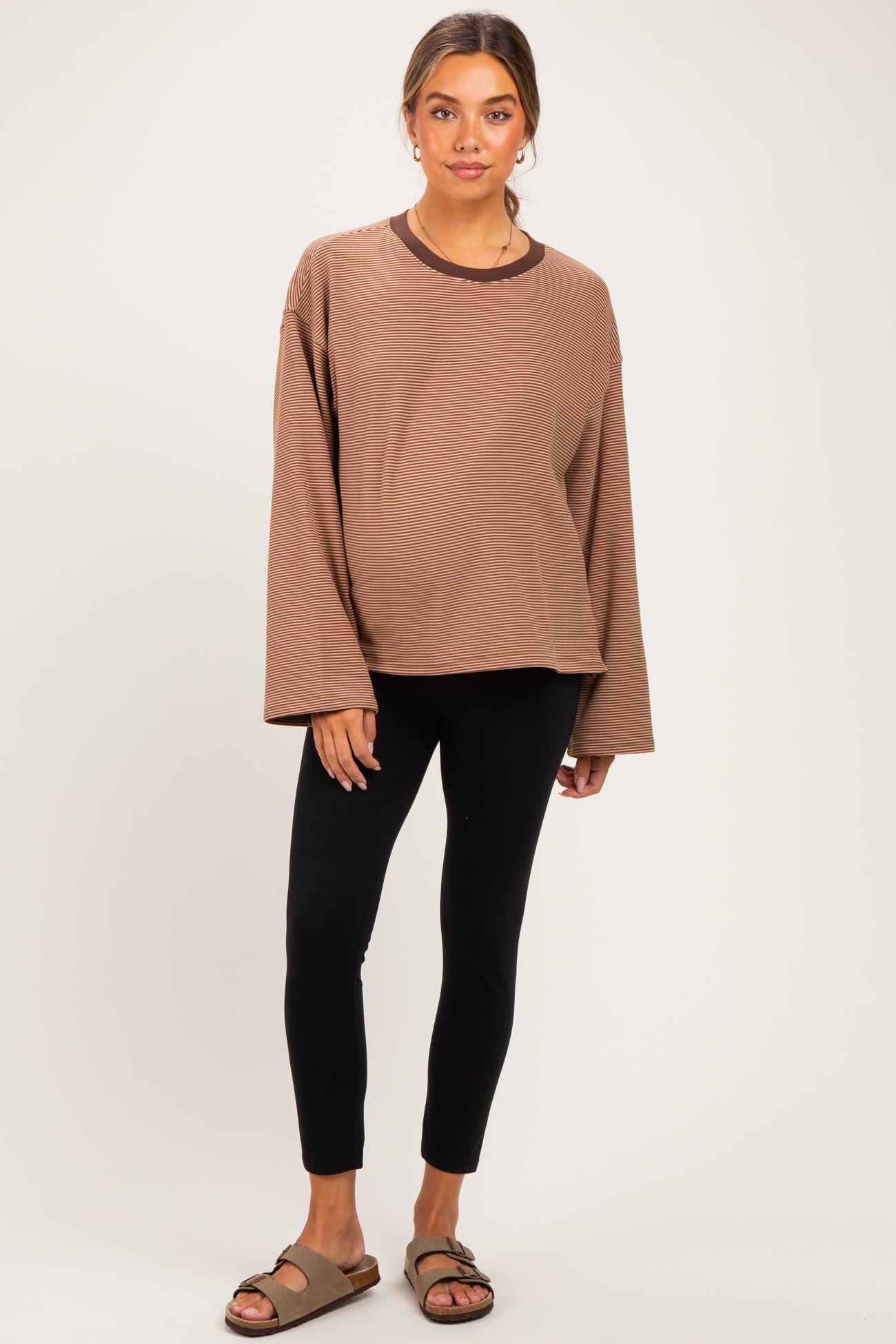 Brown Striped Long Sleeve Crewneck Maternity Shirt