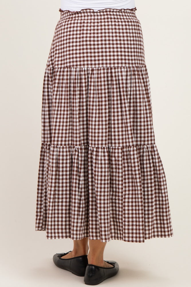 Brown Gingham Tiered Maternity Maxi Skirt