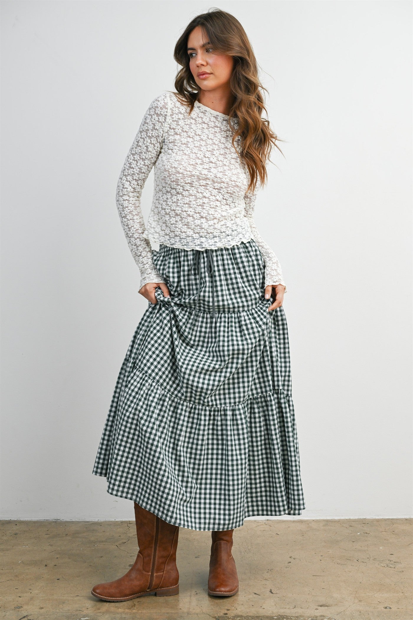 Navy Gingham Tiered Maternity Maxi Skirt
