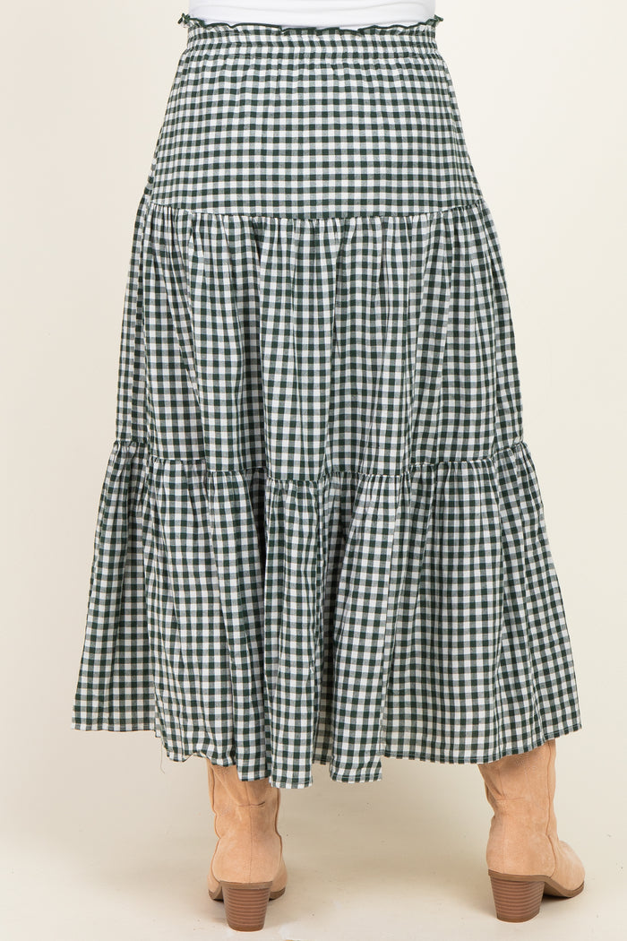 Olive Gingham Tiered Maternity Maxi Skirt