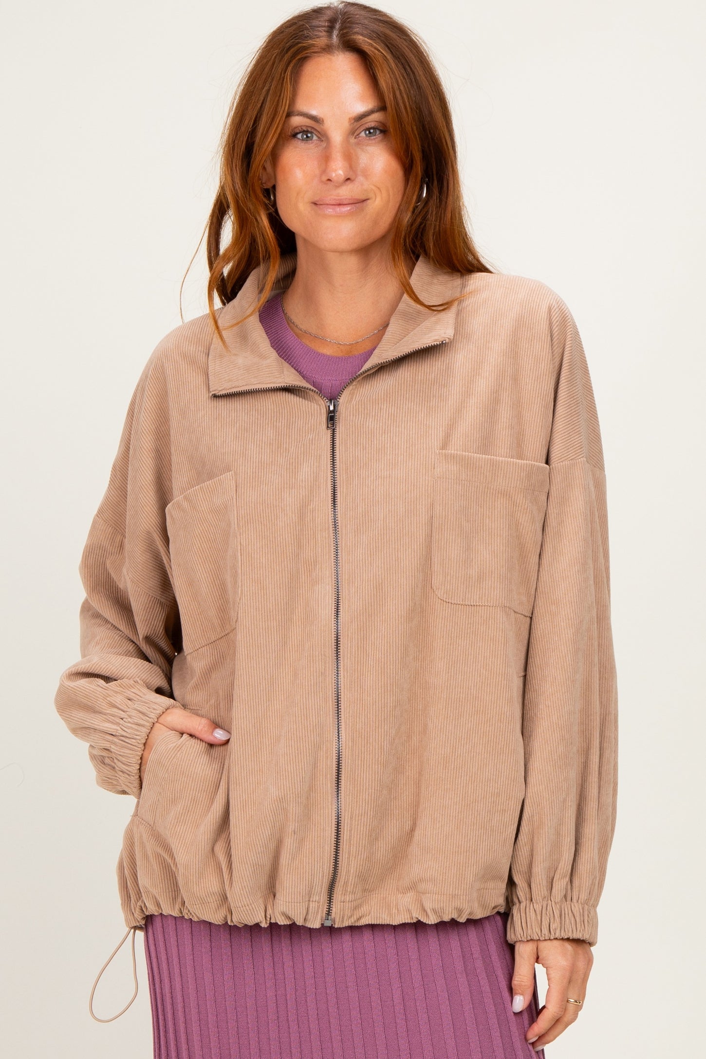 Khaki Oversized Corduroy Zipper Jacket
