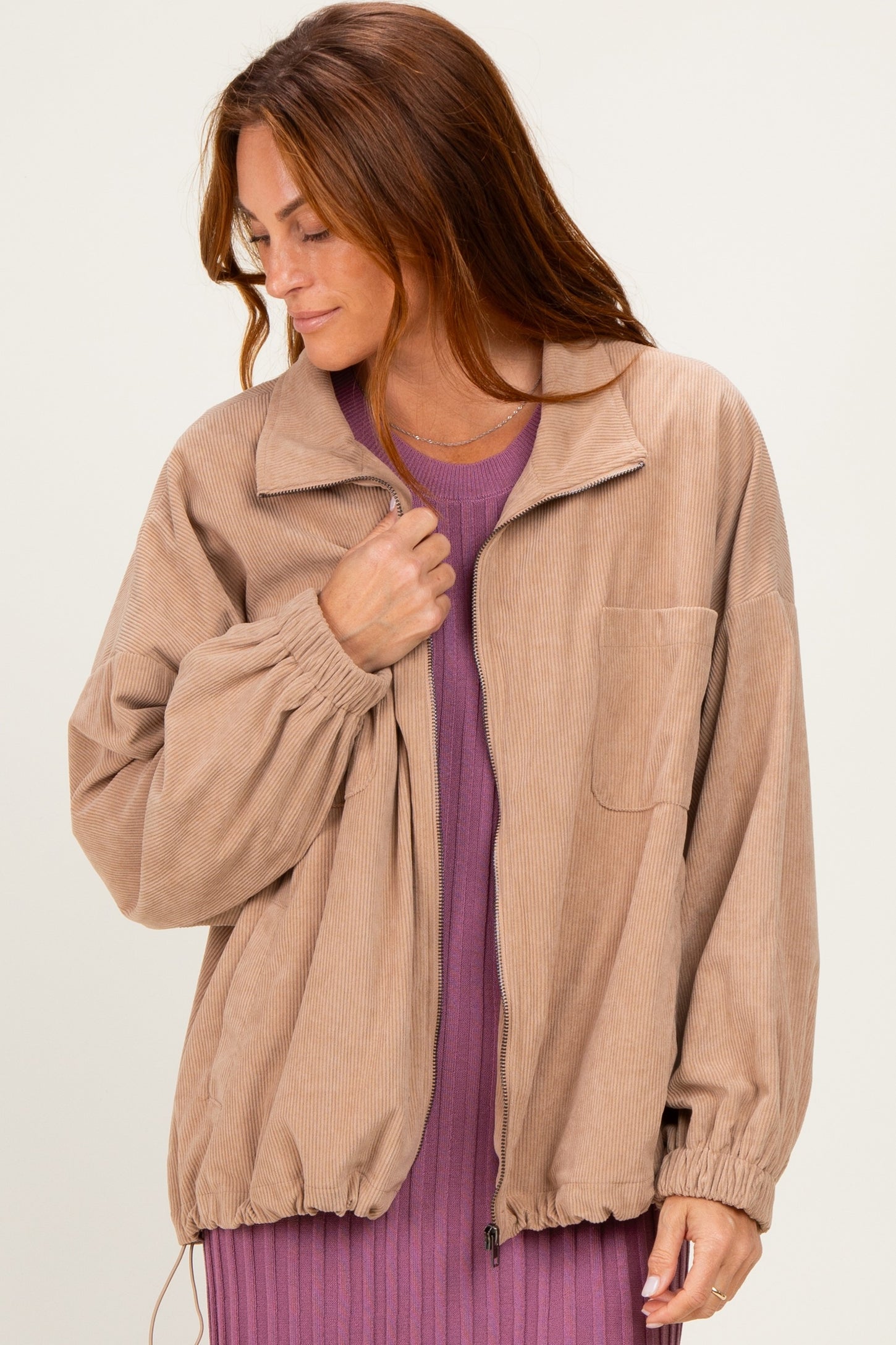 Khaki Oversized Corduroy Zipper Jacket