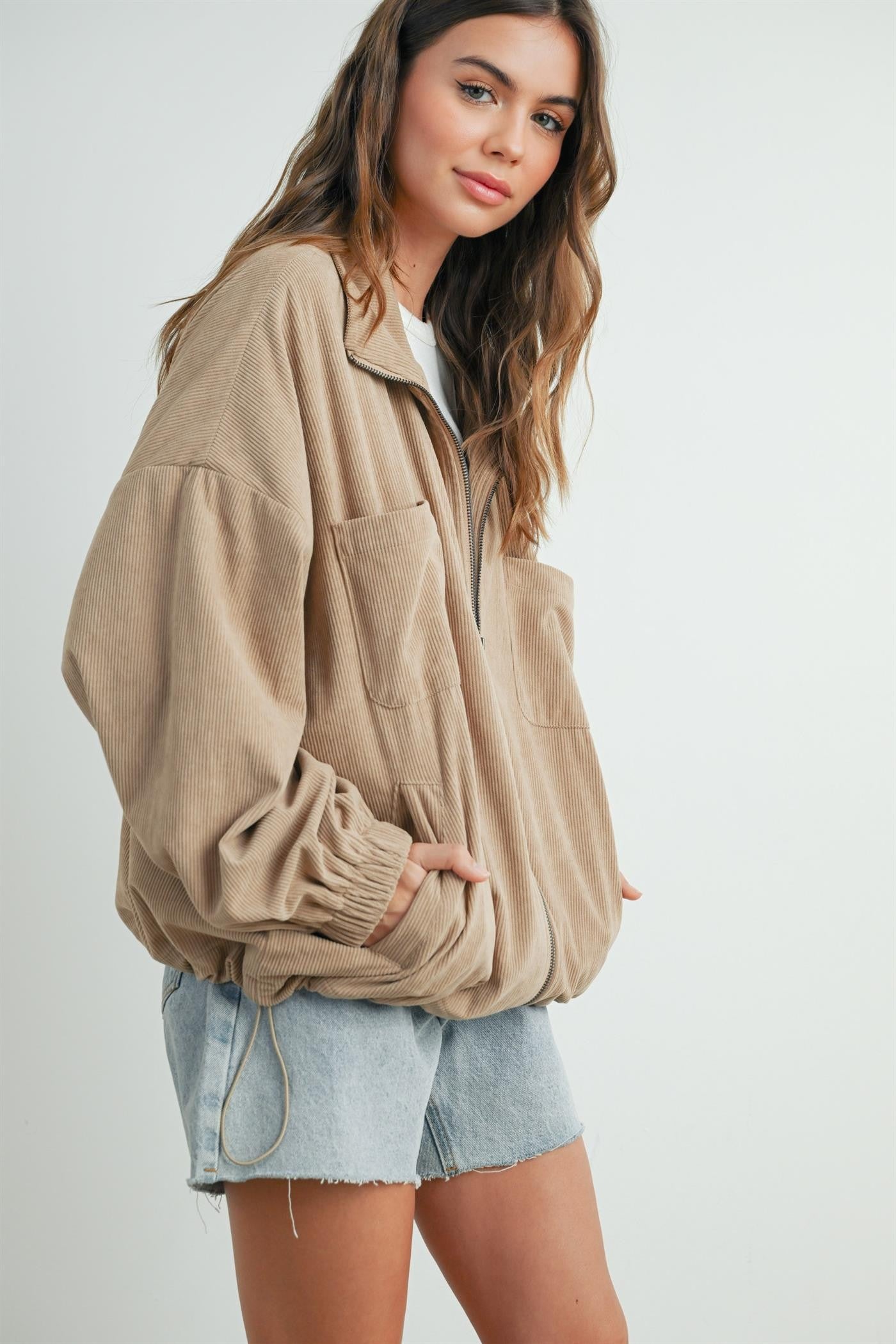 Khaki Oversized Corduroy Zipper Jacket