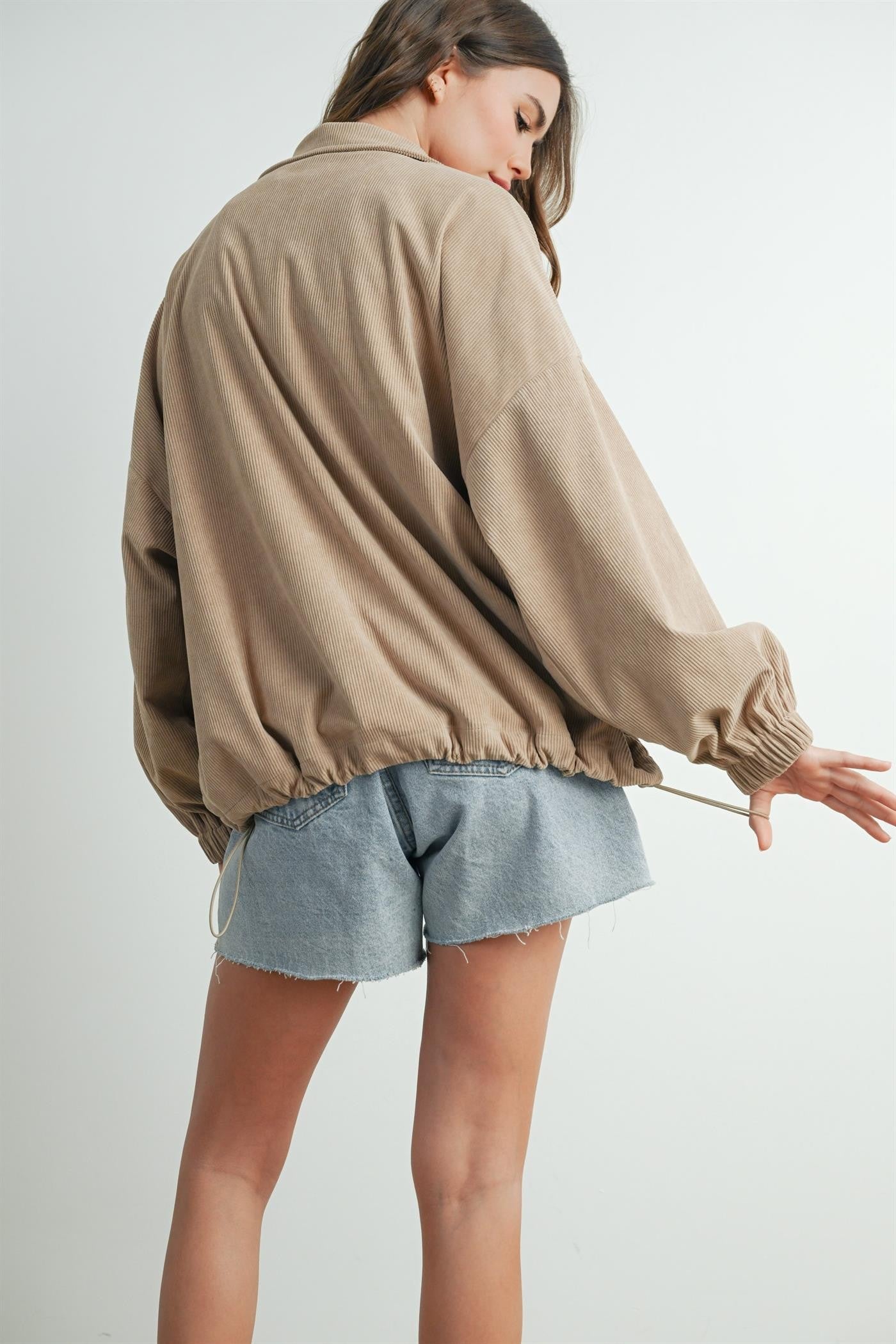 Khaki Oversized Corduroy Zipper Jacket