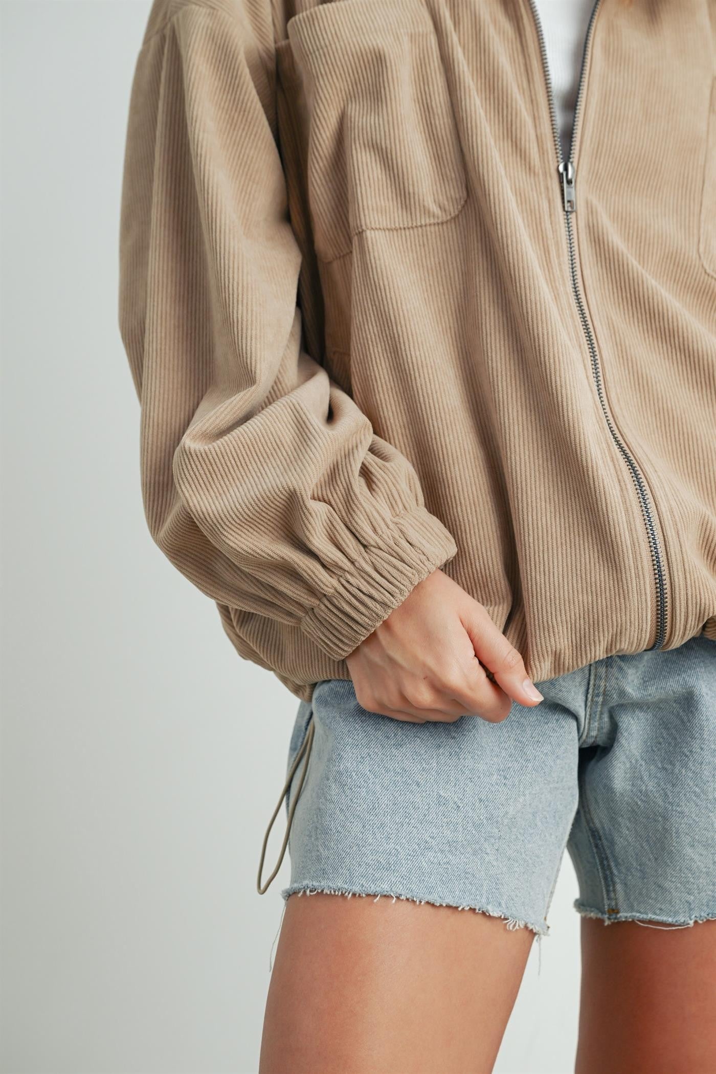 Khaki Oversized Corduroy Zipper Jacket