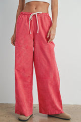 Red Plaid Drawstring Maternity Lounge Pants