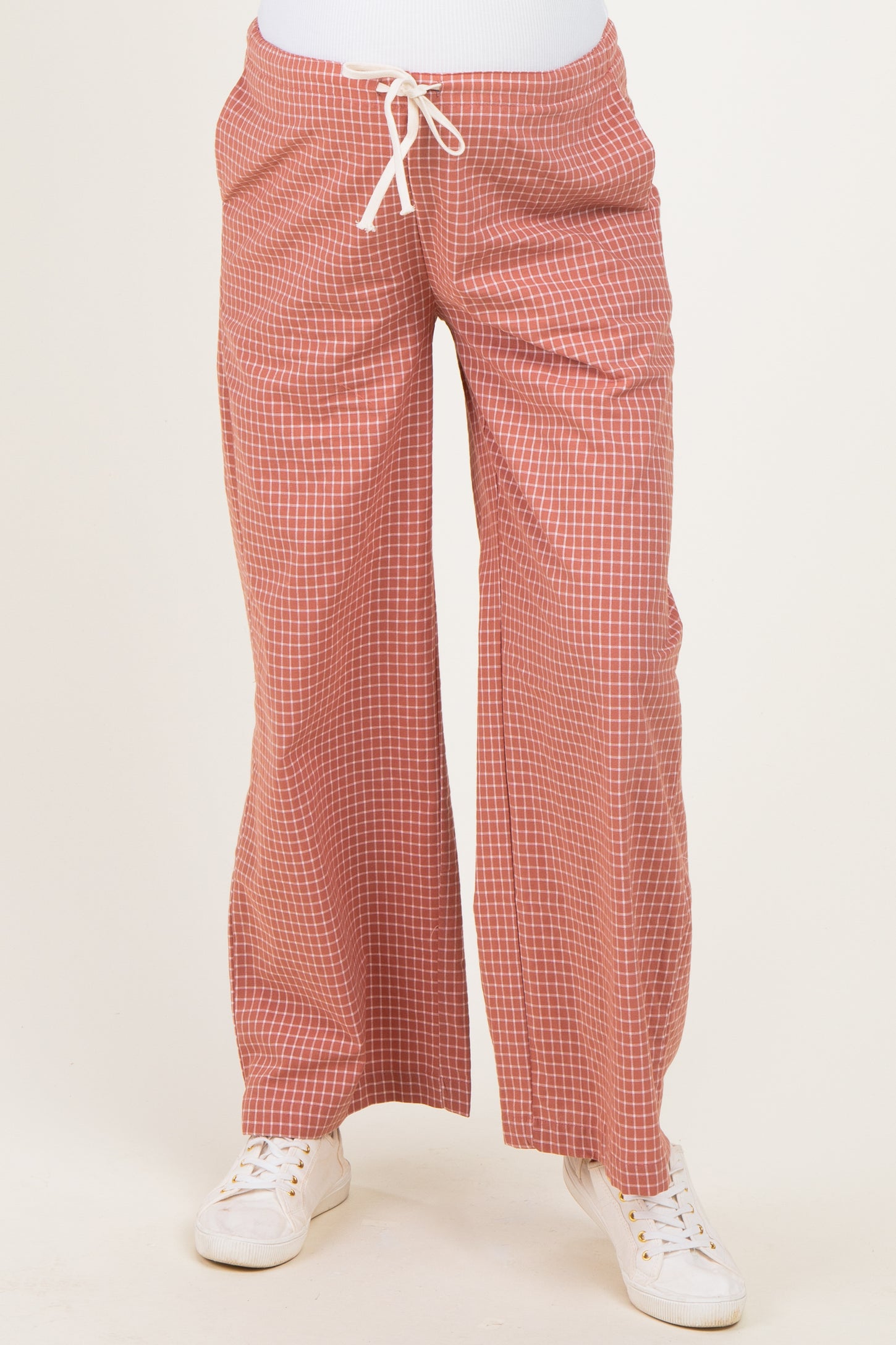 Mauve Drawstring Checker Plaid Maternity Pants