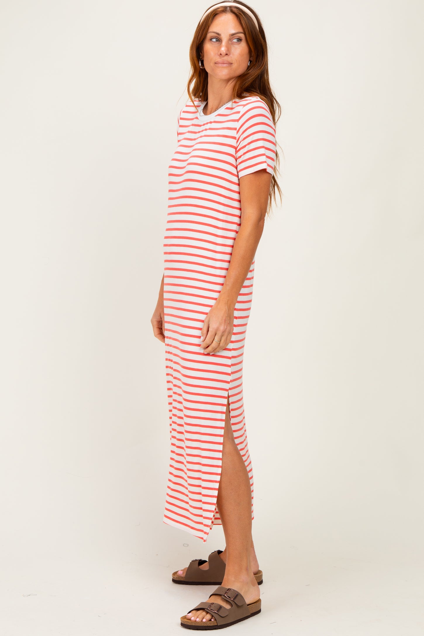 Coral/ Ivory Striped Short Sleeve Midi Dress