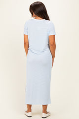 Ivory/ Light Blue Striped Short Sleeve Maternity Maxi Dress