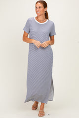 Ivory/ Navy Striped Short Sleeve Maxi Dress