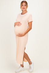 Ivory/ Salmon Striped Short Sleeve Maternity Maxi Dress
