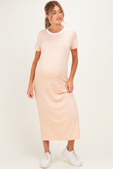 Ivory/ Salmon Striped Short Sleeve Maternity Maxi Dress