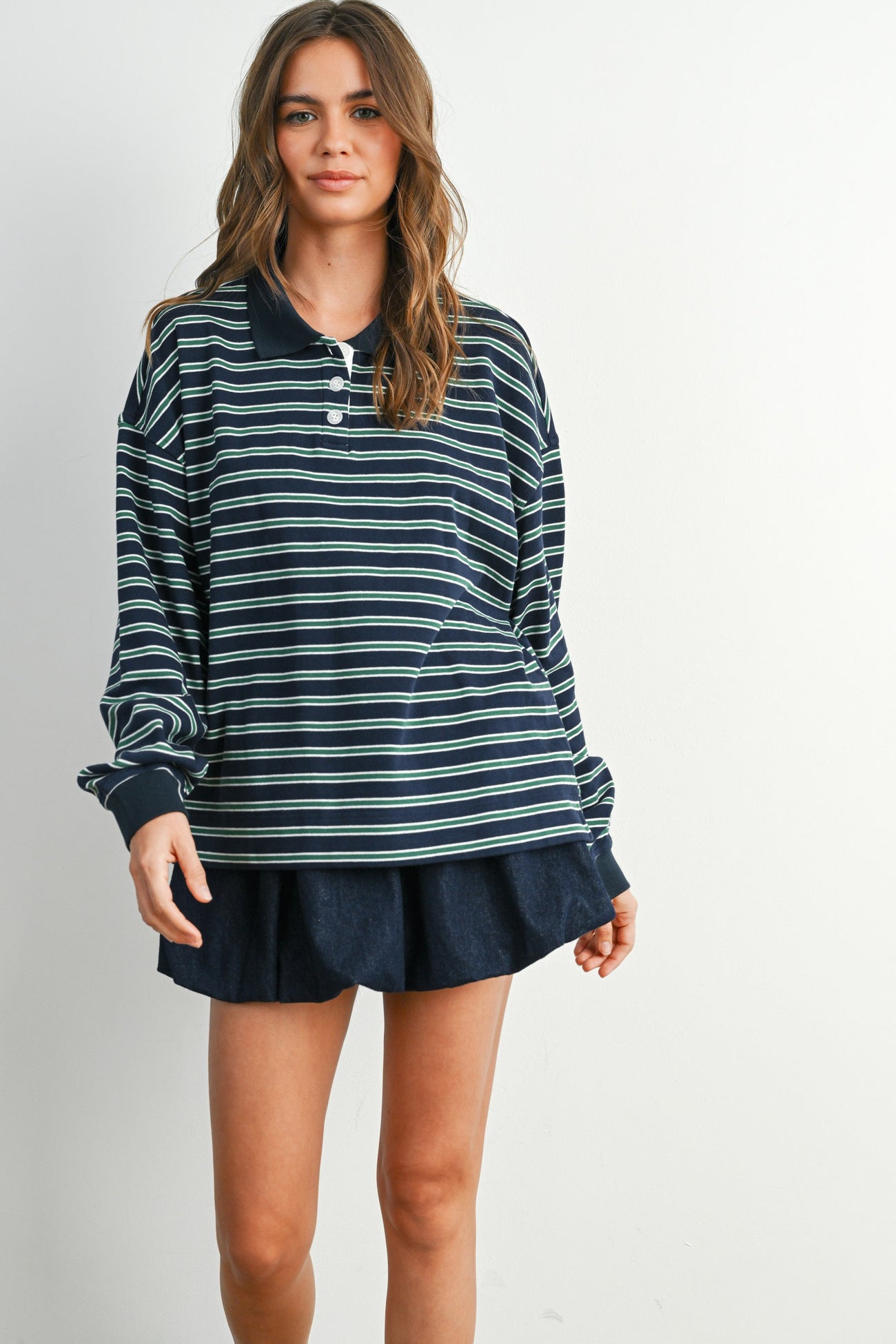 Navy Striped Long Sleeve Polo Maternity Top